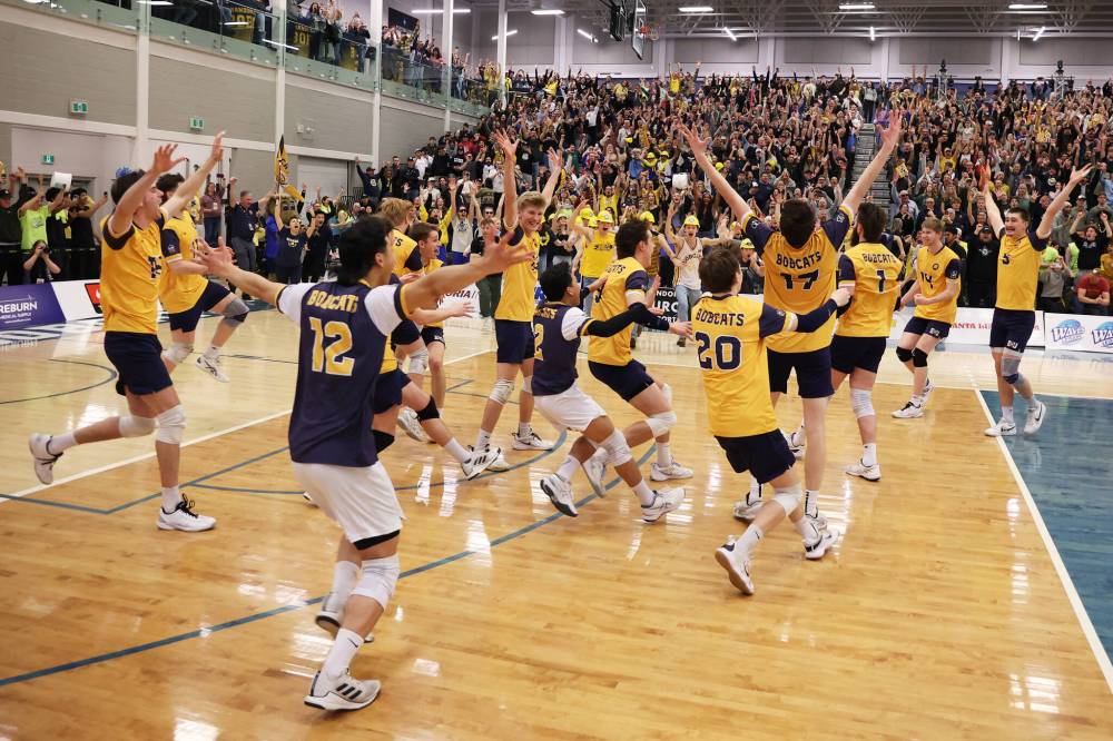21032025
The Brandon University Bobcats celebrate after winning the 2025 U SPORTS Men's Volleyball Championship gold medal match against University of Alberta Golden Bears at the Brandon University Healthy Living Centre on Sunday evening. The Bobcats defeated the Golden Bears in four sets. (Tim Smith/The Brandon Sun)