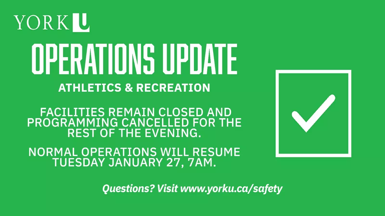 UNIVERSITY WEATHER WATCH LIFTED EFFECTIVE 9:00 PM, NORMAL
A&R OPERATIONS RESUME TUESDAY AT 7:00 AM